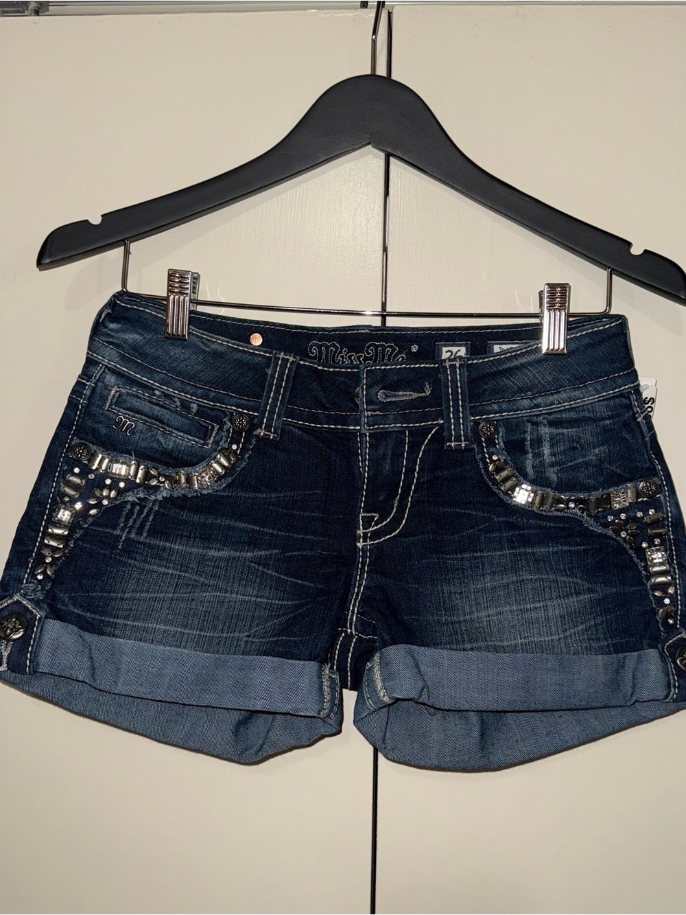 Miss Me Women's Dark Wash Embellished Denim Shorts - Blue